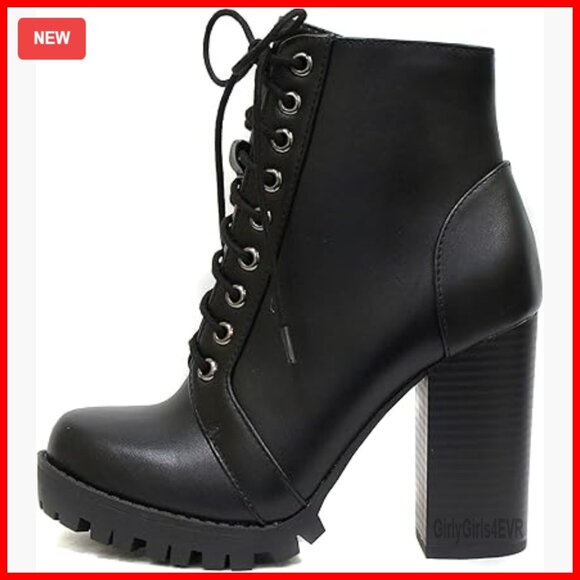 Shoes - Lace Up Ankle Boots with Stacked Heel and Side Zipper